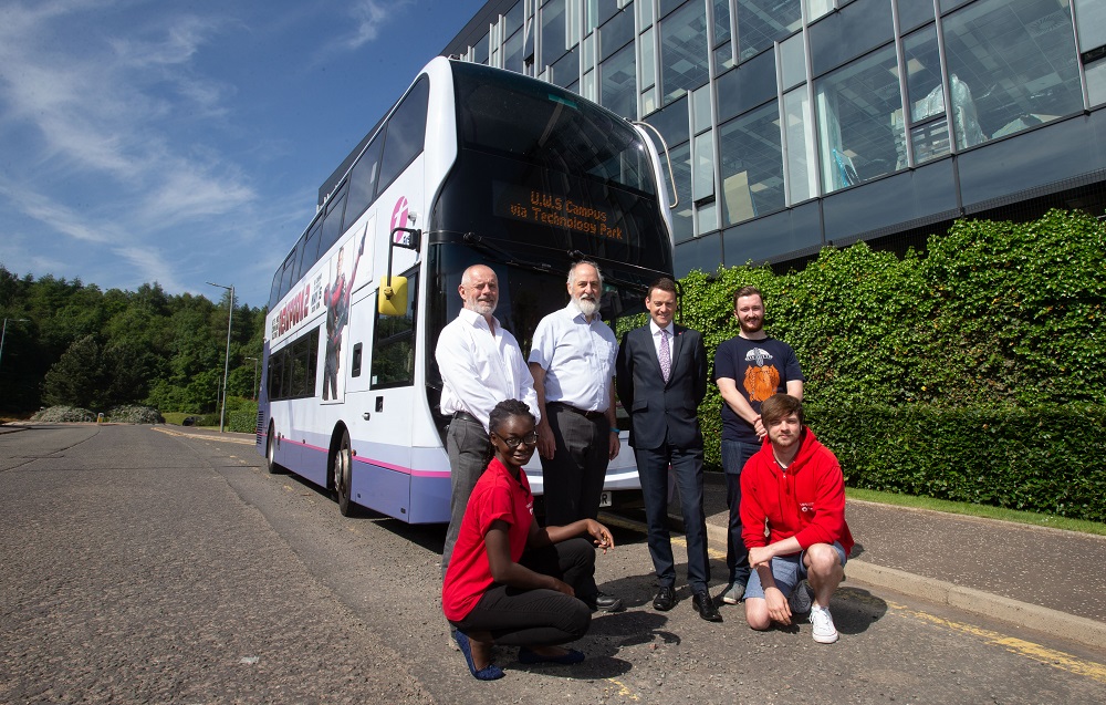 UWS staff and Students outside Lanarkshire campus with First Bus 