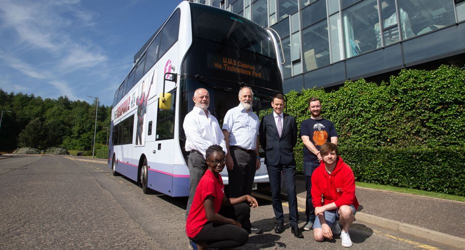 UWS staff and Students outside Lanarkshire campus with First Bus