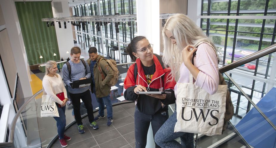 Students at the top of the stairs Lanarkshire Campus