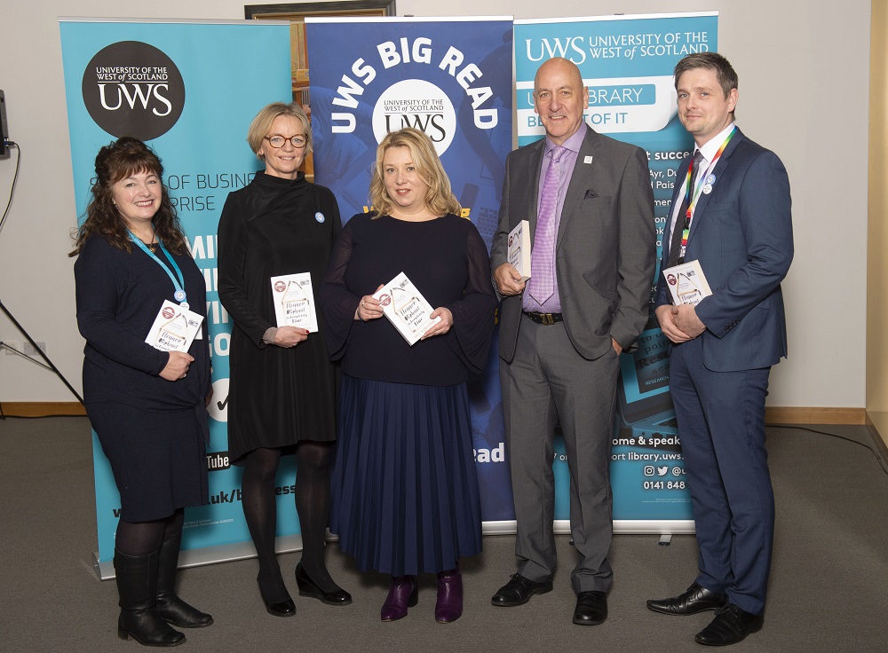 Group of staff with UWS Big Read project | and Gail Honeyman