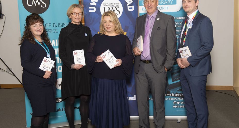 Group of staff with UWS Big Read project | and Gail Honeyman