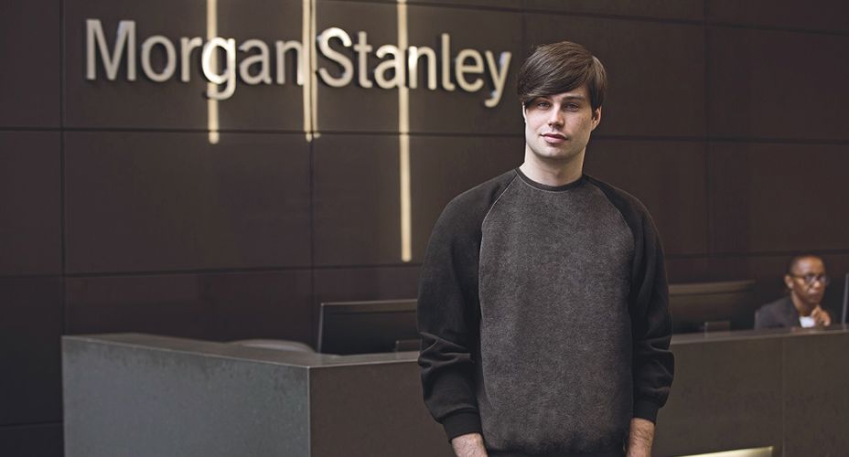 William Taylor - student in front of Morgan stanley sign