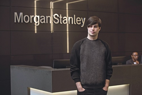 William Taylor - student in front of Morgan stanley sign
