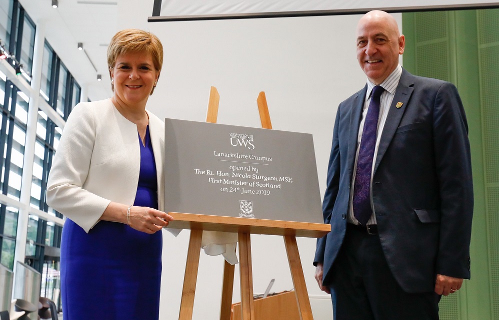 First Minister and Prof. Mahoney with UWS Lanarkshire Opening plaque