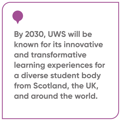 By 2030, UWS will be known for its innovative and transformative experiences for a diverse student body from Scotland, the UK, and around the world.