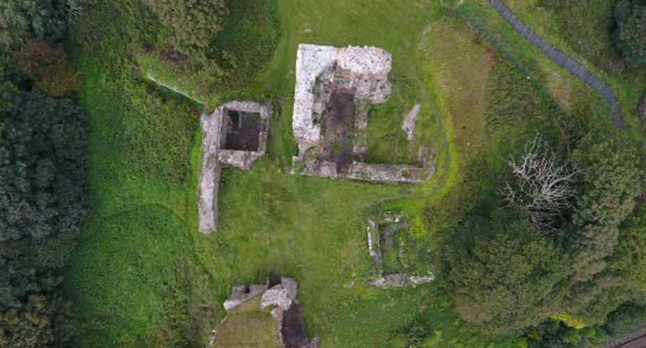 view of Ardrossan castle ruins from above