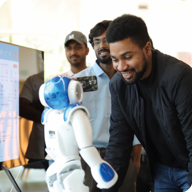 Man looking at a robot with ai technology - strategy 2030