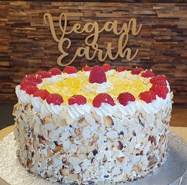 Plant-based lemon and raspberry cake, with 'Vegan Earth' signage in the background
